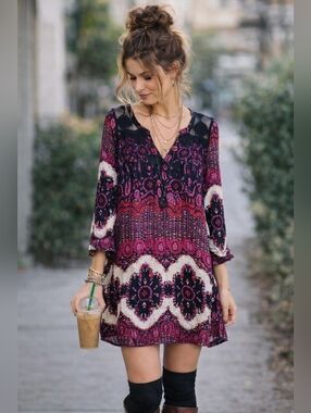 Gypsy 05 Silk Boho Pink Black Paisley Floral V-neck Mini Dress Lace Back Size S.